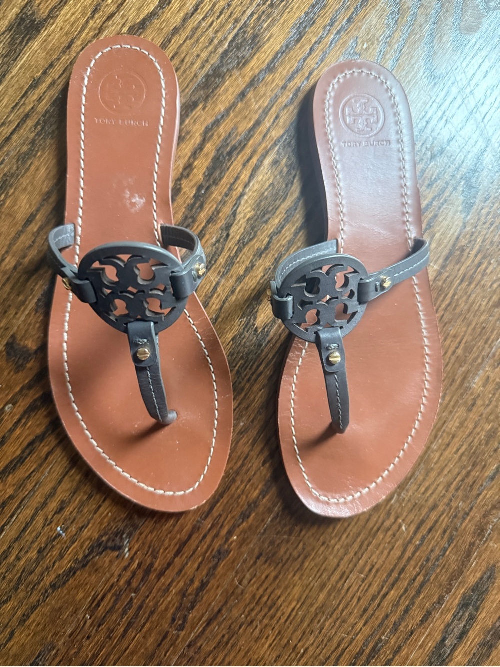 Tory Burch Brown Leather Sandals with Black Logo Medallions